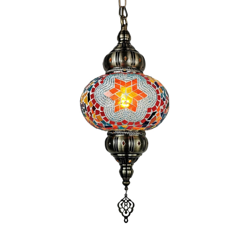 Traditional Stained Glass Oval Pendant Light Kit - Bedroom Hanging Lamp (1 Head) In White/Red/Orange