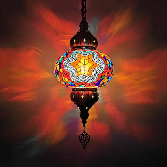 Traditional Stained Glass Oval Pendant Light Kit - Bedroom Hanging Lamp (1 Head) In White/Red/Orange