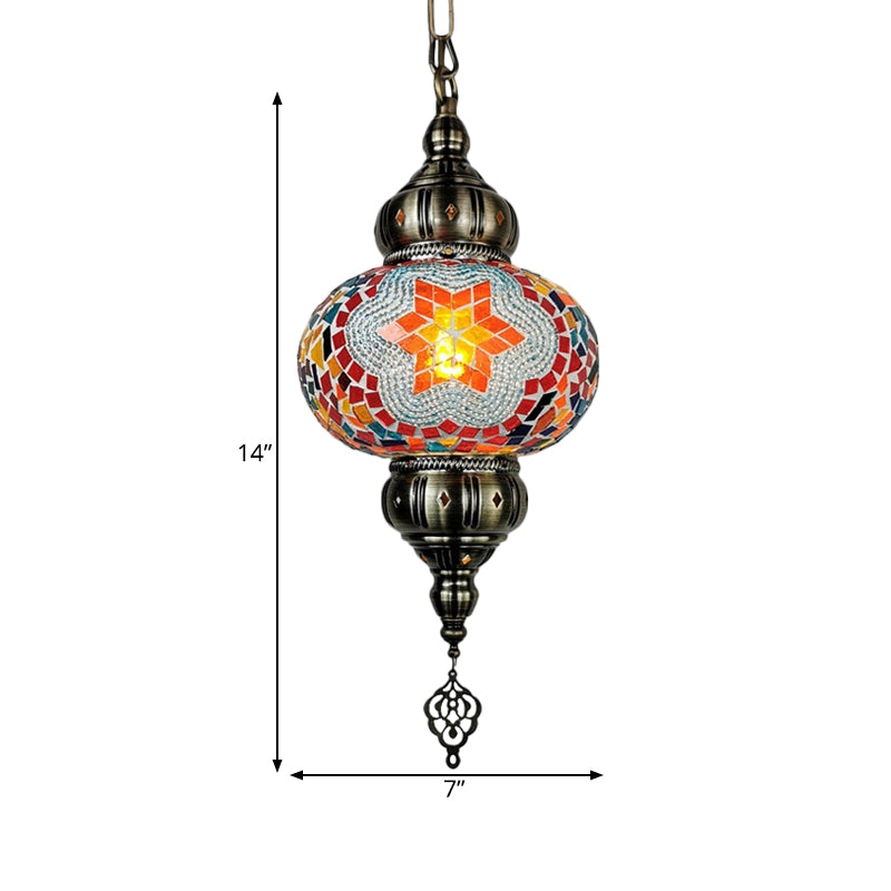 Traditional Stained Glass Oval Pendant Light Kit - Bedroom Hanging Lamp (1 Head) In White/Red/Orange