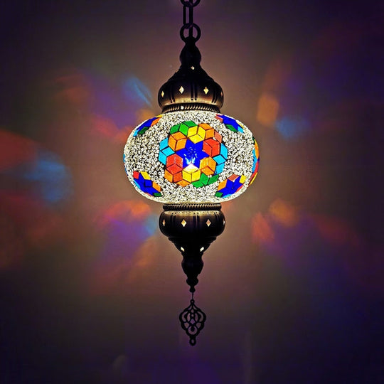 Traditional Stained Glass Oval Pendant Light Kit - Bedroom Hanging Lamp (1 Head) In White/Red/Orange