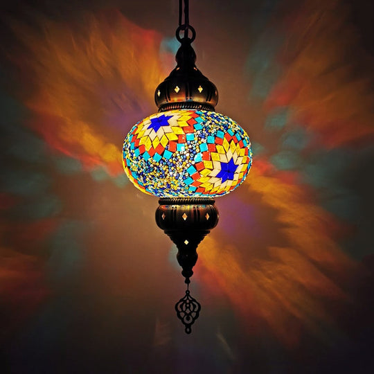 Traditional Stained Glass Oval Pendant Light Kit - Bedroom Hanging Lamp (1 Head) In White/Red/Orange