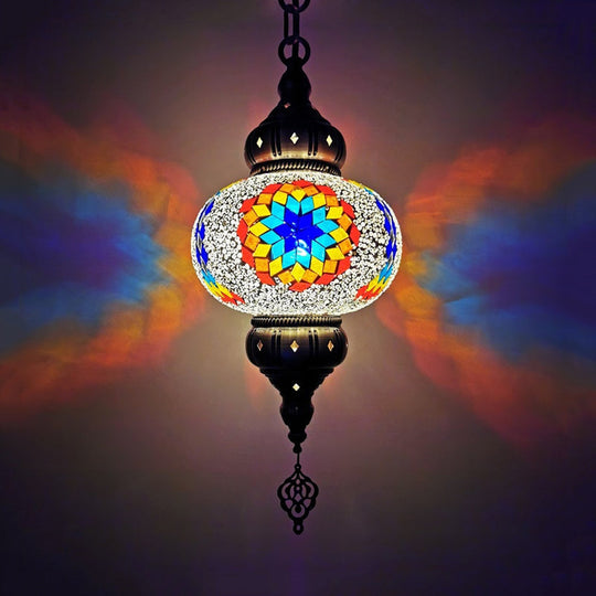 Traditional Stained Glass Oval Pendant Light Kit - Bedroom Hanging Lamp (1 Head) In White/Red/Orange