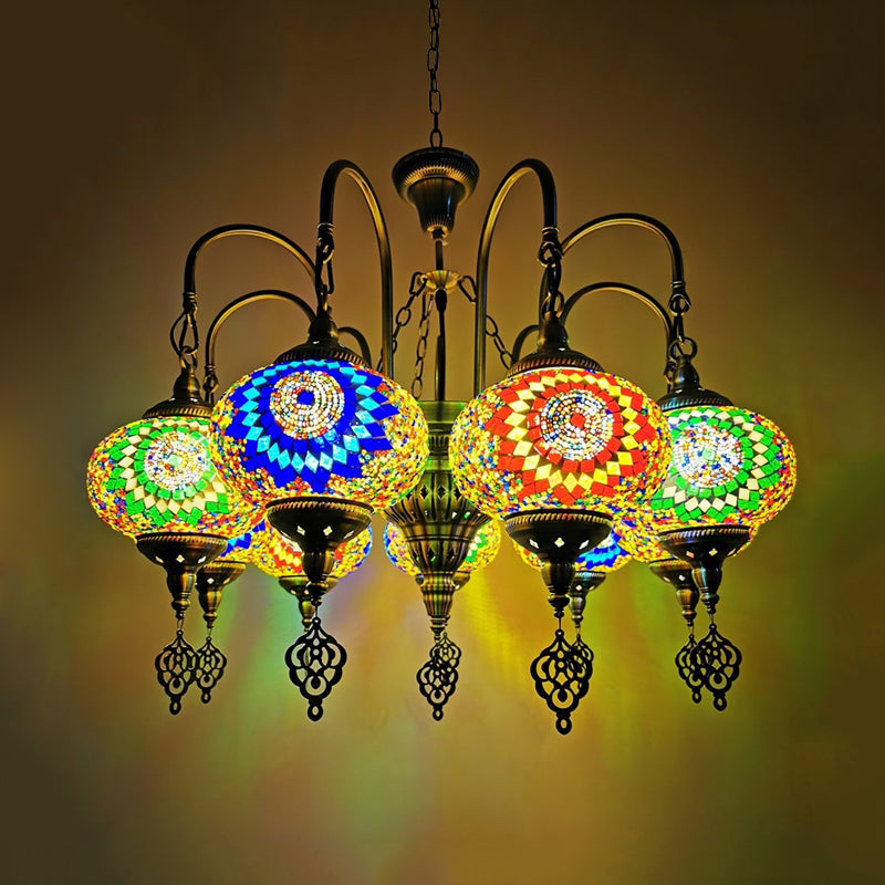 Vintage Yellow/Green Hand Cut Glass Chandelier Lighting - 9 Heads Oval Ceiling Pendant Light