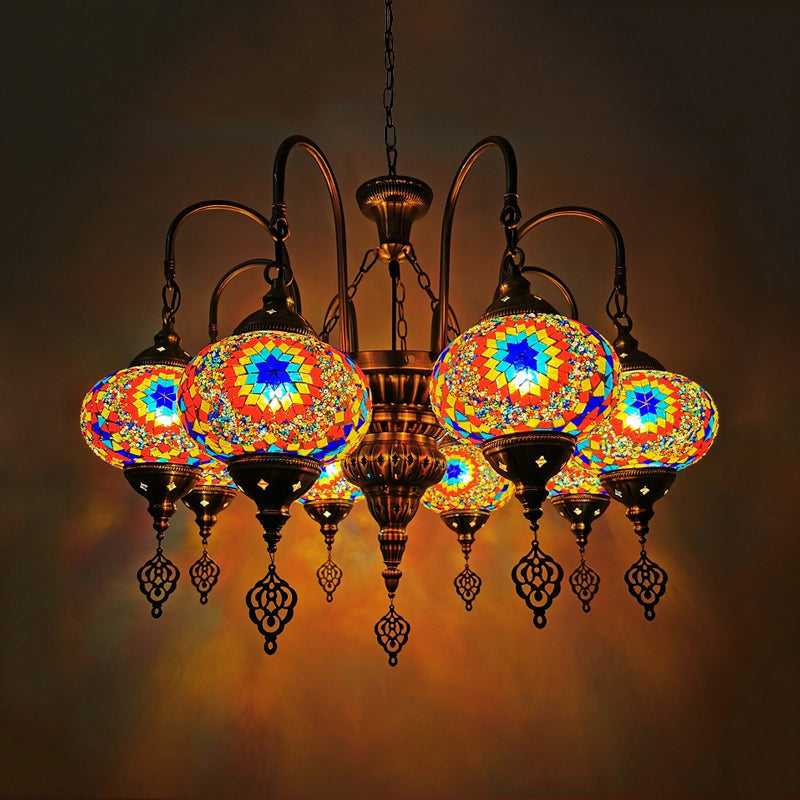 Vintage Handcrafted Art Glass Oval Pendant Light Chandelier With 9 White/Yellow/Gold Heads For