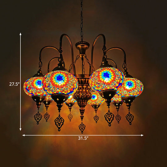 Vintage Handcrafted Art Glass Oval Pendant Light Chandelier With 9 White/Yellow/Gold Heads For