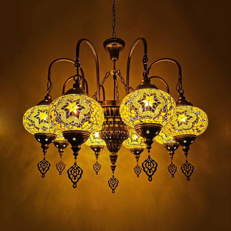 Vintage Handcrafted Art Glass Oval Pendant Light Chandelier With 9 White/Yellow/Gold Heads For