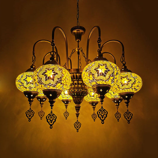 Vintage Handcrafted Art Glass Oval Pendant Light Chandelier With 9 White/Yellow/Gold Heads For