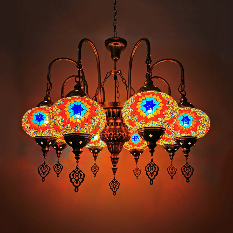 Vintage Handcrafted Art Glass Oval Pendant Light Chandelier With 9 White/Yellow/Gold Heads For