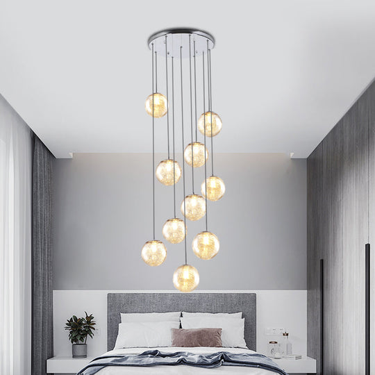 Plafonnier contemporain en forme de sphère en verre ambré - Suspension à 10 lumières pour chambre à coucher