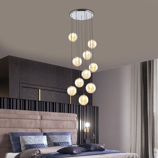 Plafonnier contemporain en forme de sphère en verre ambré - Suspension à 10 lumières pour chambre à coucher