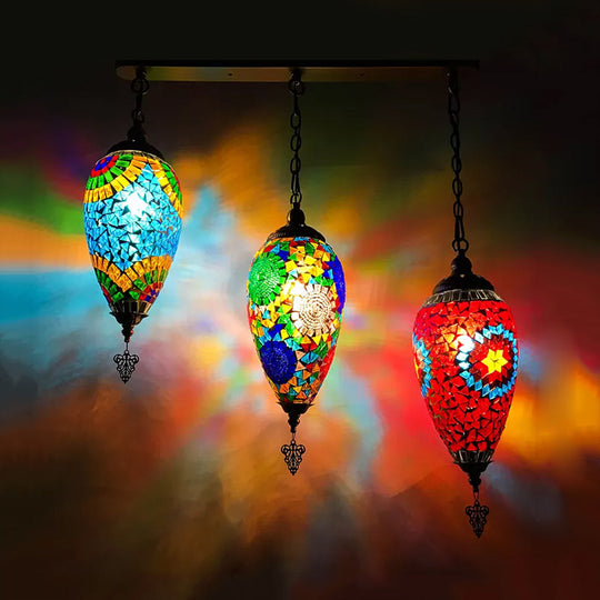 Colorful Stained Glass Waterdrop Cluster Pendant Light For Bedroom - Traditional 3-Head Ceiling