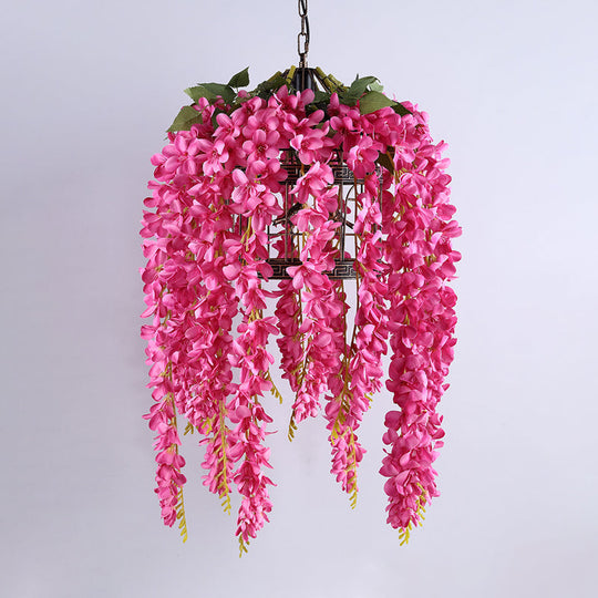 Antique Birdcage LED Pendant Light Fixture with Flower and Down Lighting in Pink/Purple/Green