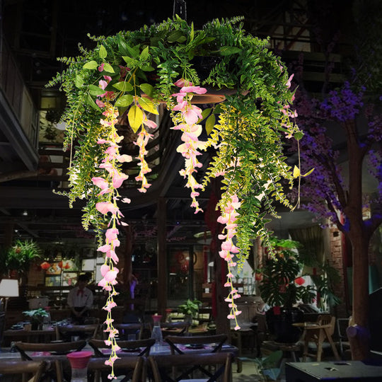 Retro Plant Metal Pendant Light With Led Bulb - Green Down Lighting For Restaurants