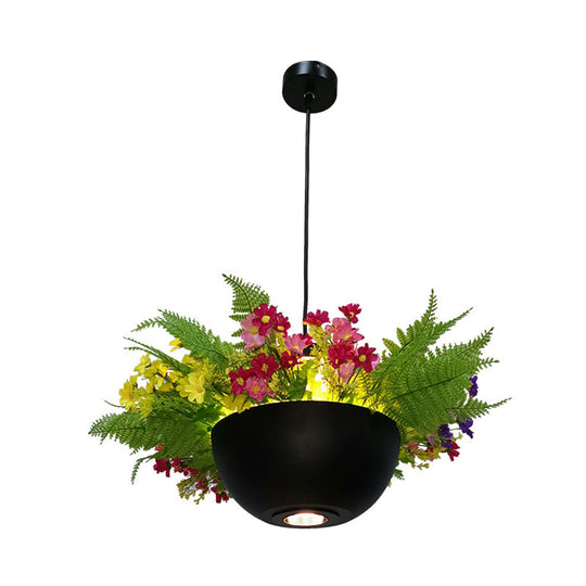 Industrial Bowl Flower Hanging Light - Black Metal Led Ceiling Suspension Lamp (1 Bulb) For