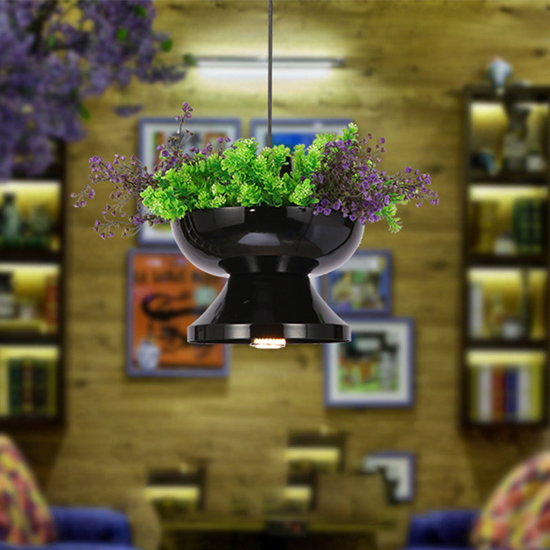 Antique Black Metal Pendant Lamp With Led Down Lighting - Restaurant Décor And Plant Accent