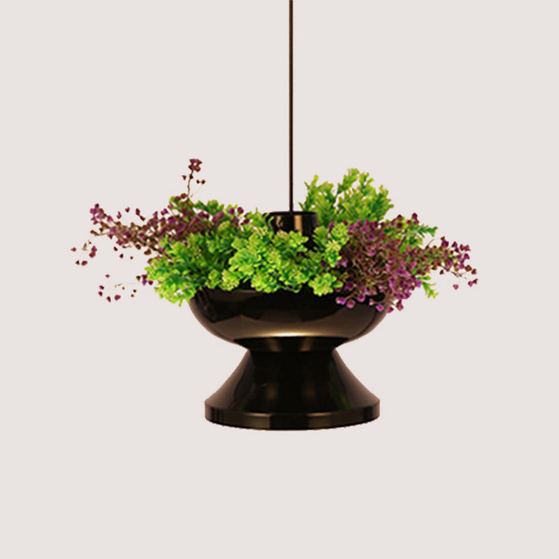 Antique Black Metal Pendant Lamp With Led Down Lighting - Restaurant Décor And Plant Accent