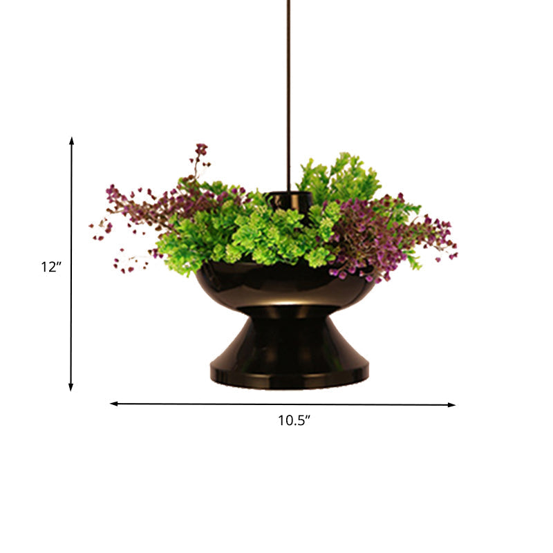 Metal Pendant Lamp: Antique Black Hot Pot Shape with LED Down Lighting & Plant Decoration