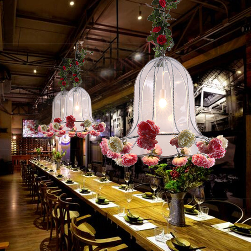Industrial Chrome Bell Pendant Light with Rose Decor - 1 Bulb LED Hanging Lamp Kit for Restaurants - 16"/23.5" W Metal Fixture