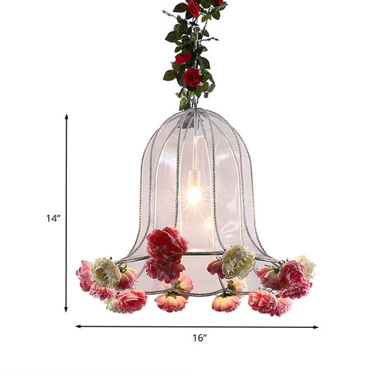 Industrial Chrome Bell Pendant Light with Rose Decor - 1 Bulb LED Hanging Lamp Kit for Restaurants - 16"/23.5" W Metal Fixture