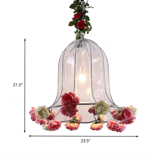 Industrial Chrome Bell Pendant Light with Rose Decor - 1 Bulb LED Hanging Lamp Kit for Restaurants - 16"/23.5" W Metal Fixture