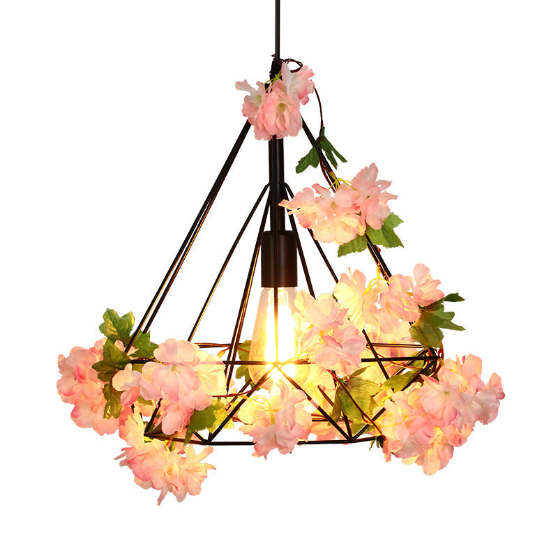 Antique Diamond Metal Pendant LED Ceiling Light with Cherry Blossom Design for Restaurants - Available in 10"/15"/18" W