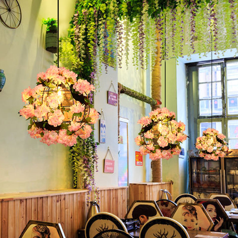 12/16 Metal Black Drop Lamp Orb 1 Head Pendant With Cherry Blossom - Industrial Led Down Lighting /