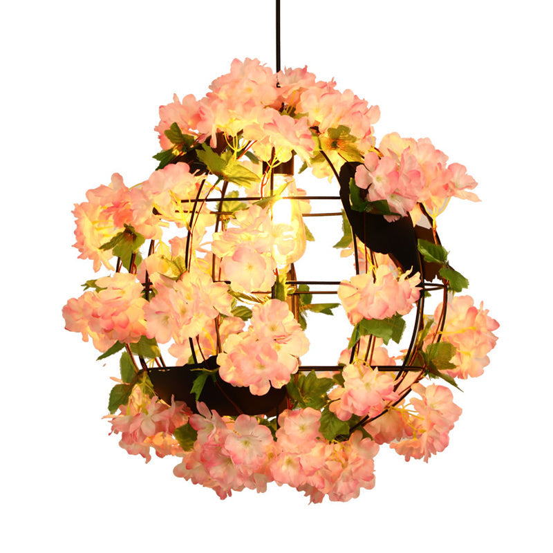 Industrial LED Drop Lamp Pendant - Metal Black Orb, 12"/16" Diameter, 1 Head, Cherry Blossom Design