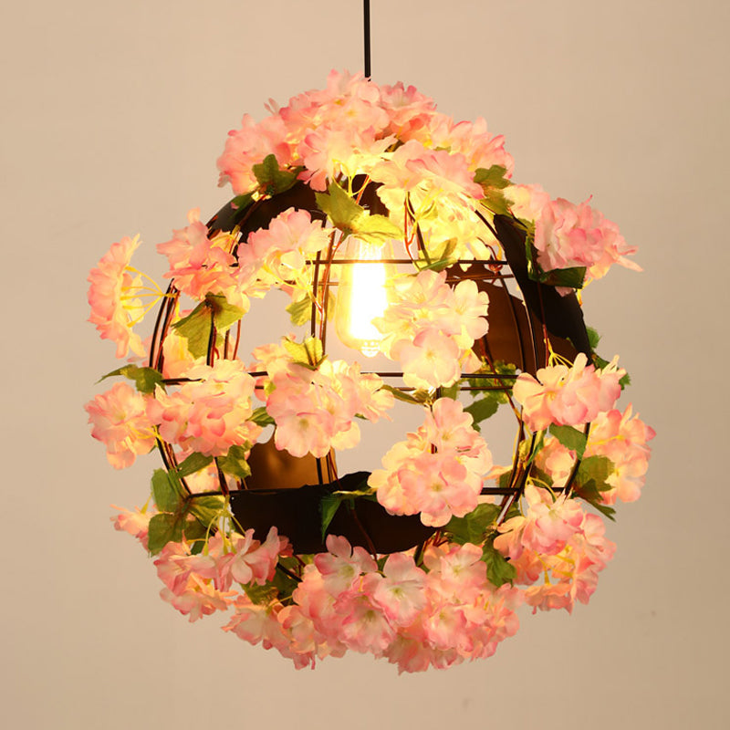12/16 Metal Black Drop Lamp Orb 1 Head Pendant With Cherry Blossom - Industrial Led Down Lighting