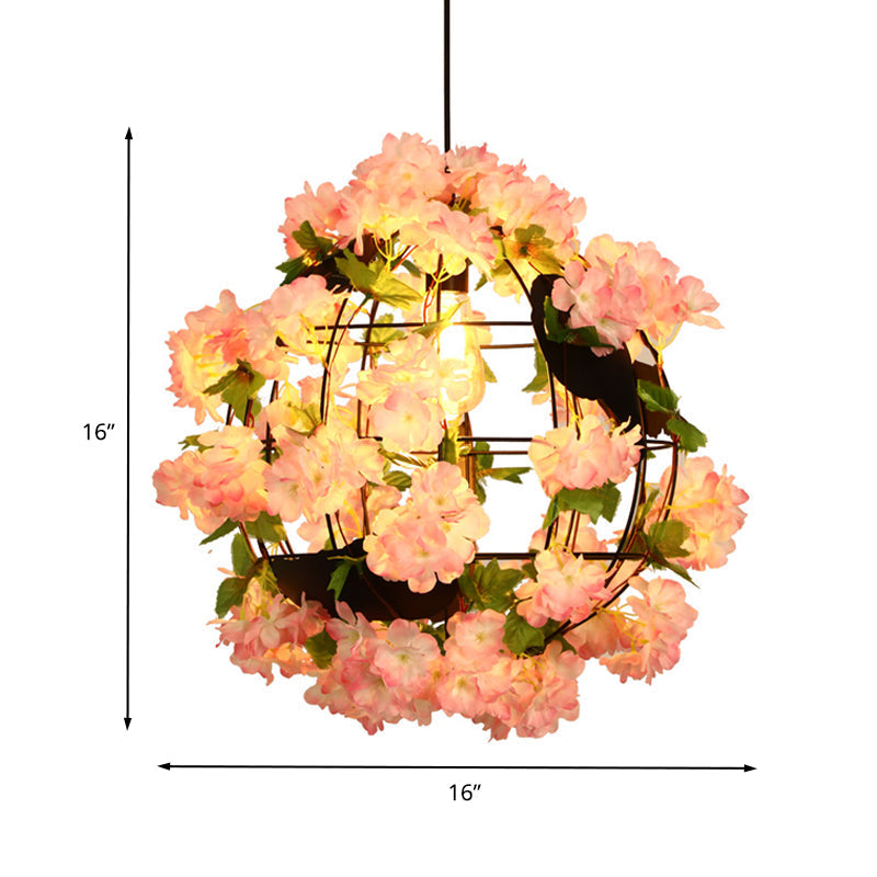 Industrial LED Drop Lamp Pendant - Metal Black Orb, 12"/16" Diameter, 1 Head, Cherry Blossom Design