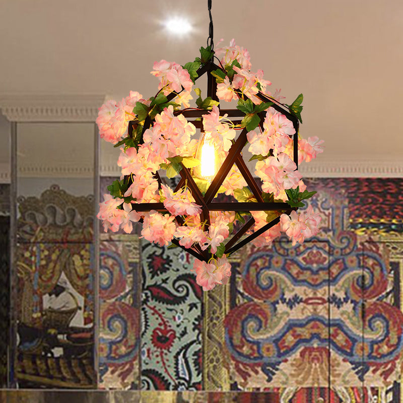 10.5"/15" Metal Ceiling Light: Antique Pink/Green Geometric Restaurant LED Down Lighting with Plant/Cherry Blossom Design