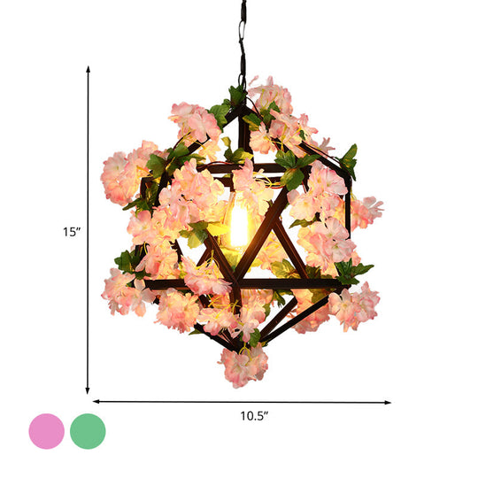 10.5"/15" Metal Ceiling Light: Antique Pink/Green Geometric Restaurant LED Down Lighting with Plant/Cherry Blossom Design