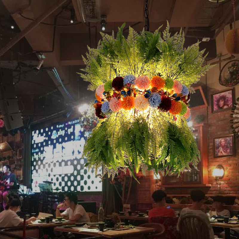 Industrial Green Metal Pendant Lamp with LED Plant Drop - Perfect for Restaurants