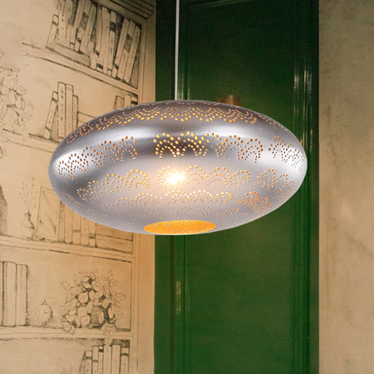 Arab Style Oval Metal Pendant Lamp - 1 Bulb Ceiling Light Fixture In Black/Silver/Brass Silver