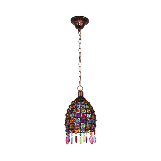 Art Deco Stained Glass Dome Ceiling Light Rust Pendant - 1-Light Drop Design For Restaurant