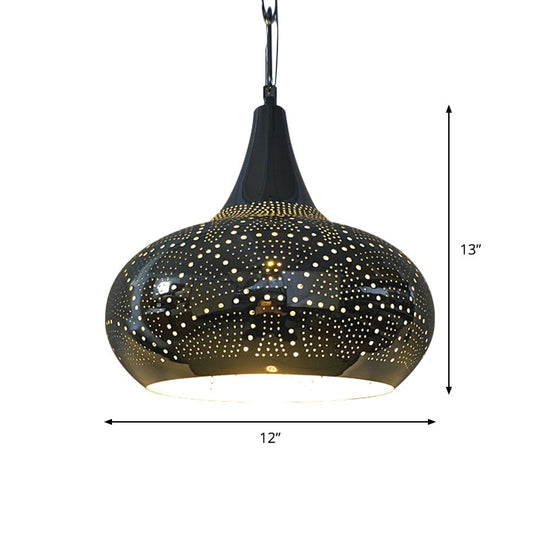 Arab Hanging Urn-Shaped Metal Light - 1-Head Black 9/12 Width For Living Room Suspension