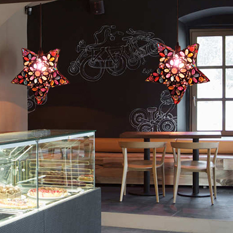 Metal Pentagram Pendant Ceiling Light Art Deco 1 Head Drop Lamp In Black/Red/Yellow Red