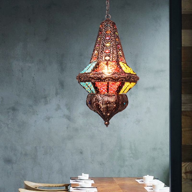 Red/Bronze Pendant Lantern Light - Traditional Metal Hanging Fixture For Restaurants