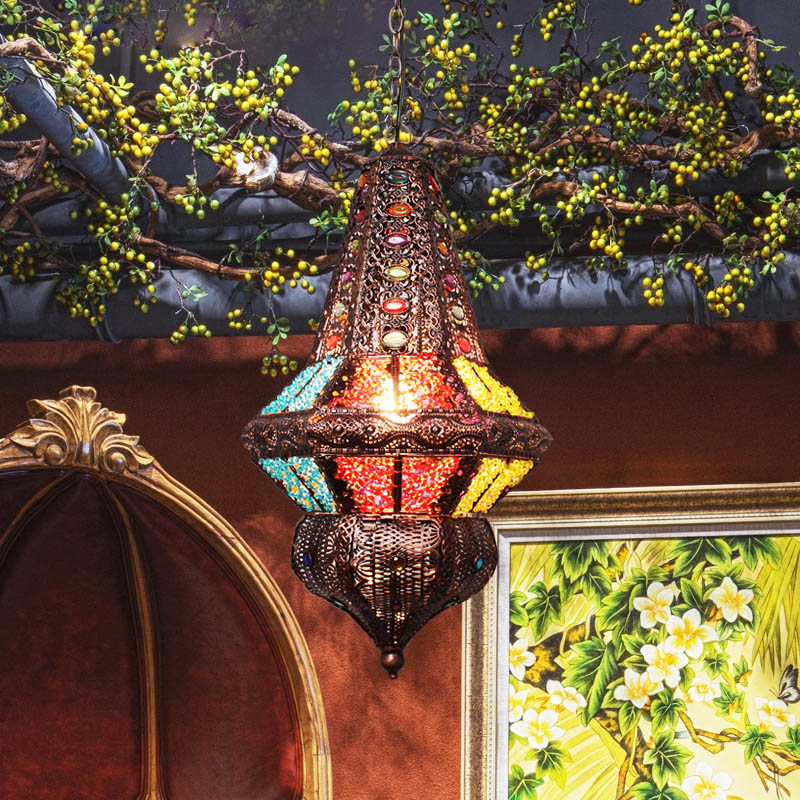 Red/Bronze Pendant Lantern Light - Traditional Metal Hanging Fixture For Restaurants