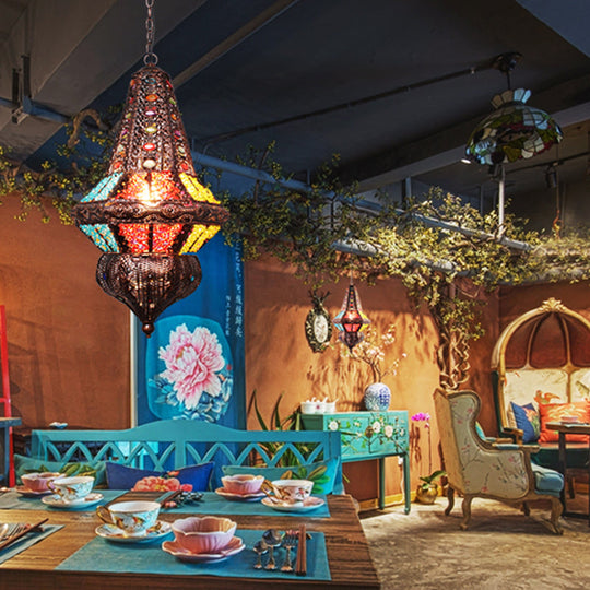 Red/Bronze Pendant Lantern Light - Traditional Metal Hanging Fixture For Restaurants