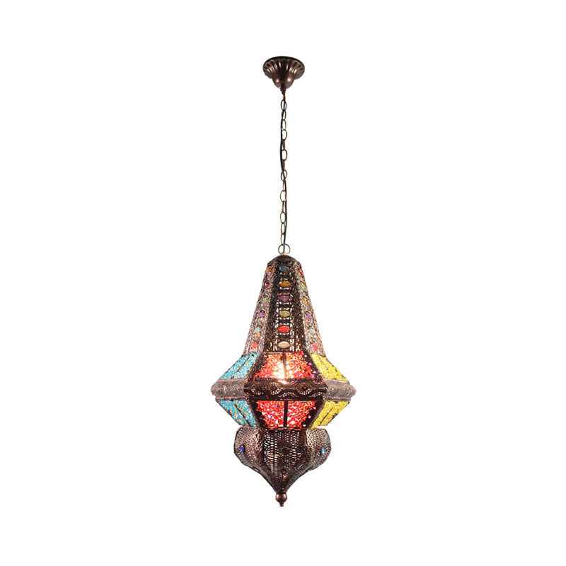 Red/Bronze Pendant Lantern Light - Traditional Metal Hanging Fixture For Restaurants