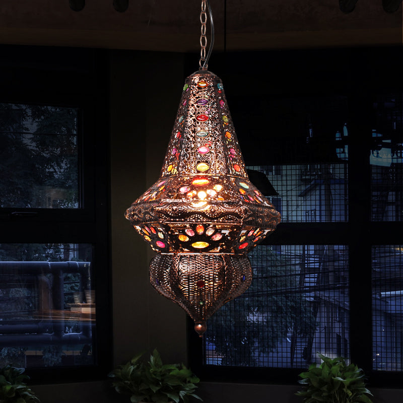 Red/Bronze Pendant Lantern Light - Traditional Metal Hanging Fixture For Restaurants