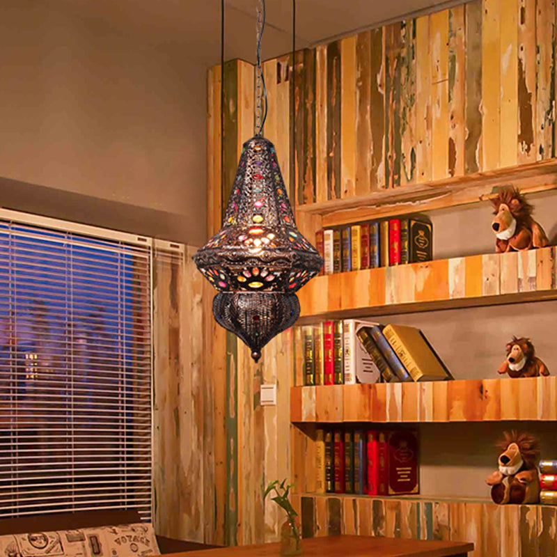 Red/Bronze Pendant Lantern Light - Traditional Metal Hanging Fixture For Restaurants