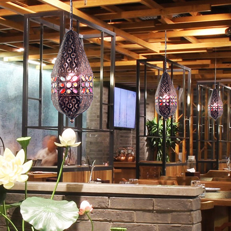 Vintage Metal Pendant Lamp With Purple/Green Droplet Design - Restaurant Suspension Lighting