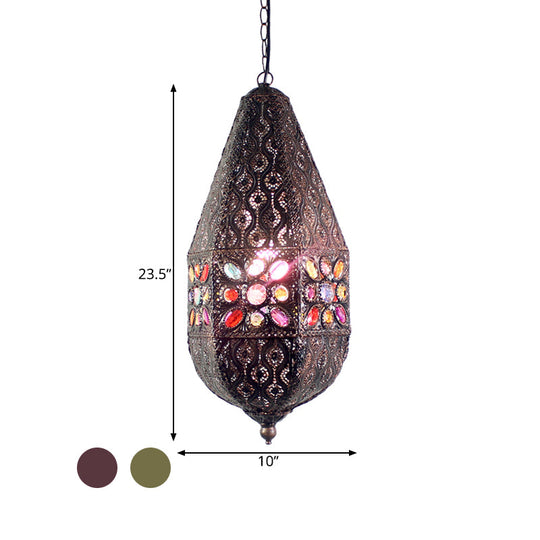 Vintage Metal Pendant Lamp With Purple/Green Droplet Design - Restaurant Suspension Lighting