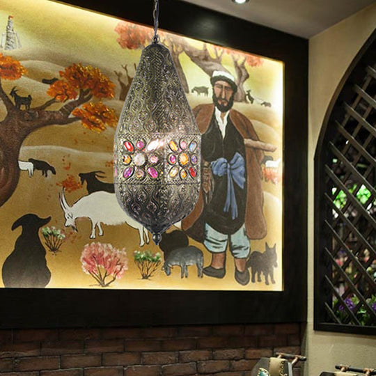 Vintage Metal Pendant Lamp With Purple/Green Droplet Design - Restaurant Suspension Lighting