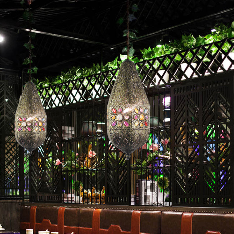 Vintage Metal Pendant Lamp With Purple/Green Droplet Design - Restaurant Suspension Lighting