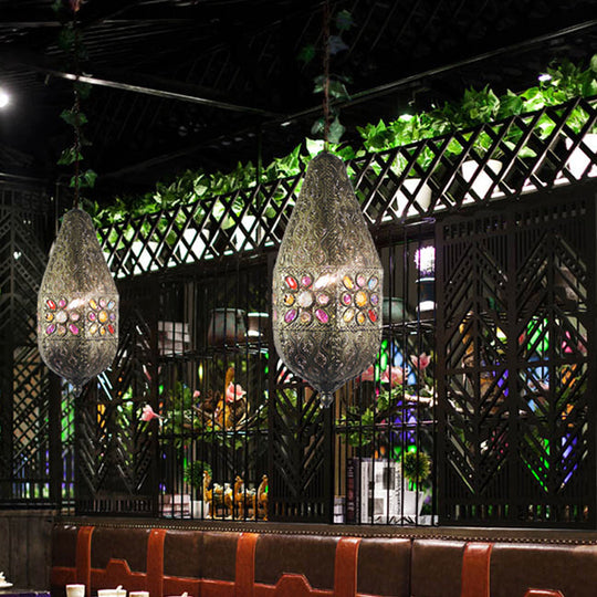 Vintage Metal Pendant Lamp With Purple/Green Droplet Design - Restaurant Suspension Lighting