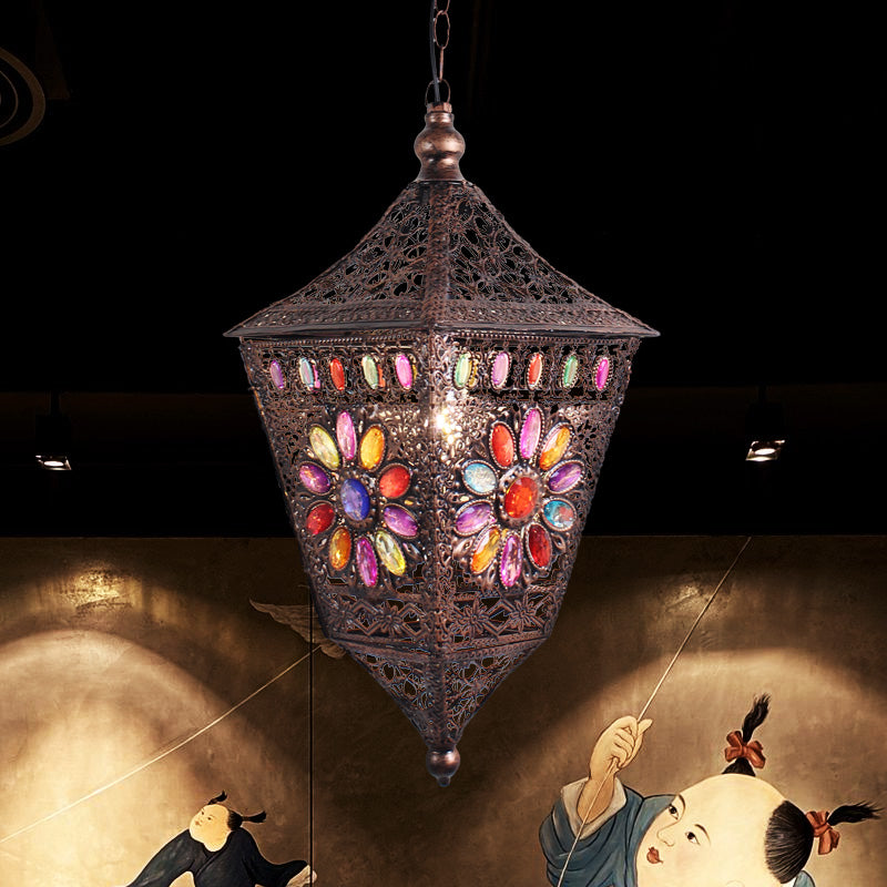 Traditional Rust Lantern Hanging Lamp Kit For Restaurant Suspension Lighting - 1 Head Metal Design