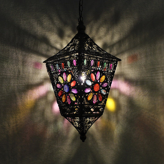 Traditional Rust Lantern Hanging Lamp Kit For Restaurant Suspension Lighting - 1 Head Metal Design