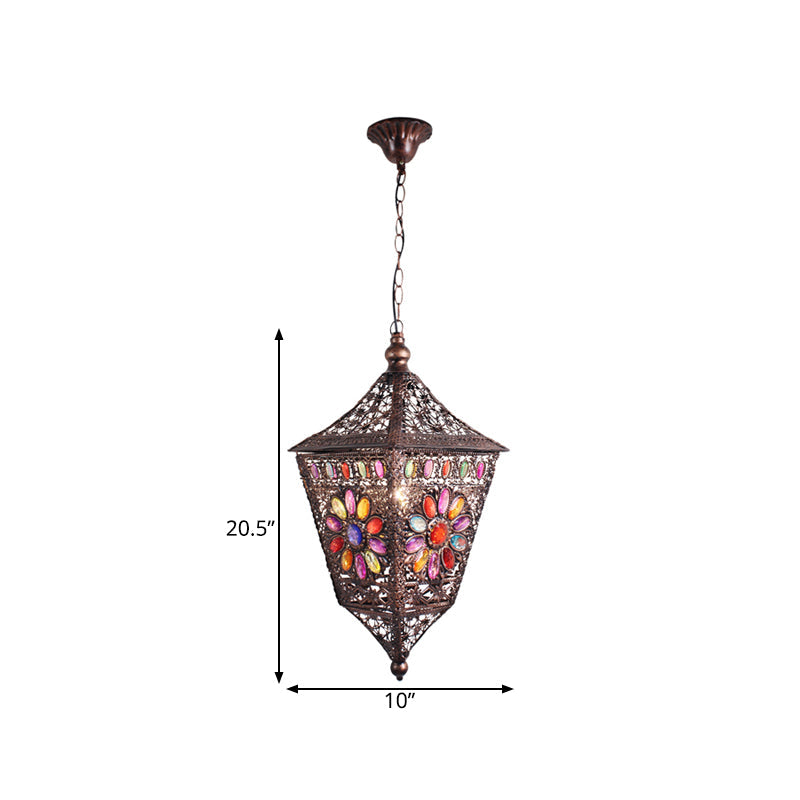Traditional Rust Lantern Hanging Lamp Kit For Restaurant Suspension Lighting - 1 Head Metal Design